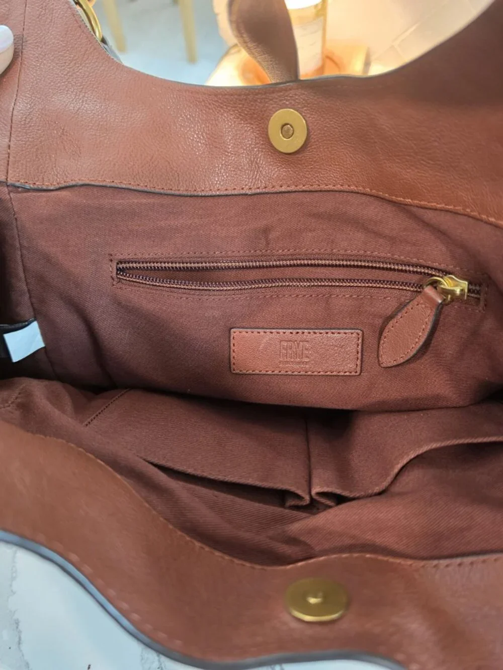 Frye Madison Cognac Leather Shoulder Hobo Bag Magnetic Closure Gold Hardware